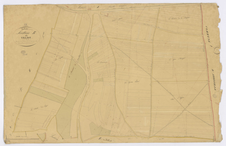 FONTAINE-LA-RIVIERE. - Section B - Village (le), 1, ech. 1/1250, coul., aquarelle, papier, 67x104 (1831). 