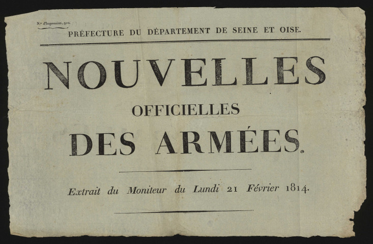 Seine-et-Oise [Département]. - Nouvelles officielles de la Grande Armée, 21 février 1814. 