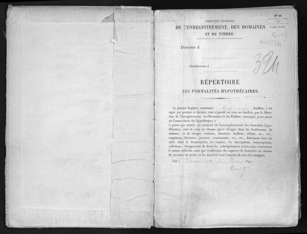 Conservation des hypothèques de CORBEIL. - Répertoire des formalités hypothécaires, volume n° 324 : A-Z (registre ouvert en 1899). 