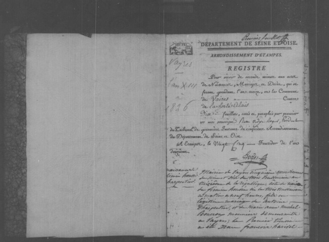 VAYRES-SUR-ESSONNE. Naissances, mariages, décès : registre d'état civil (an XIII-1826). 