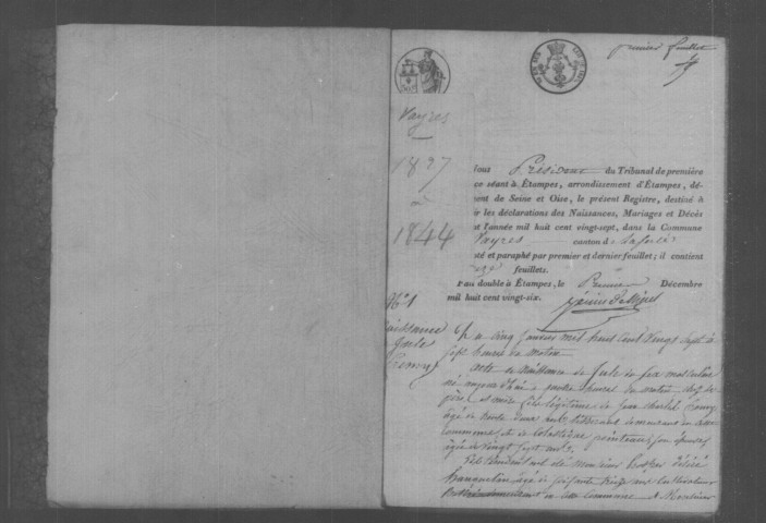 VAYRES-SUR-ESSONNE. Naissances, mariages, décès : registre d'état civil (1827-1844). 