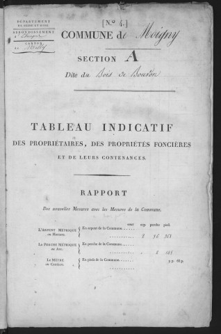 MOIGNY-SUR-ECOLE. - Tableau indicatif : sections A à G [cadastre rénové en 1957]. 