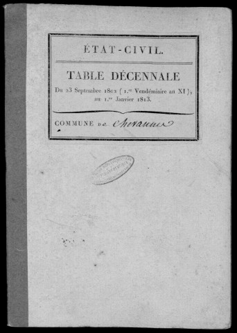 CHEVANNES. Tables décennales (1802-1902). 