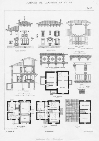 BURES-SUR YVETTE. Villa à Bures-sur-Yvette : façades, coupe transversale, plans de caves, M. Valentin, architecte, M. Lambert, dessinateur, M. Engelmann, imprimeur, planche 18, s.d., N et B Dim. 38,5 x 27. 