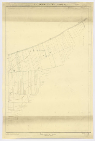 Plan de MASSY - LA BOURGOGNE dressé par M. CHOQUARD, géomètre, feuille 4, Ministère de la Reconstruction et de l'Urbanisme, 1945. Ech. 1/2.000. N et B. Dim. 1,00 x 0,67. 