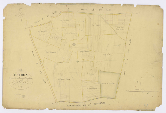 AUTHON-LA-PLAINE. -Section C - Bois de Saint-Escobille, 1, ech. 1/2500, coul., aquarelle, papier, 68x102 (1827). 