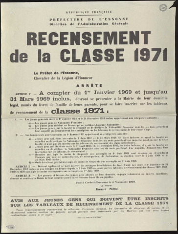 Essonne [Département]. - Recensement militaire - classe 1971, pour les jeunes nés entre le 1er janvier 1951 et le 31 décembre 1951, 5 novembre 1968. 