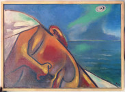 La dormeuse et la soucoupe volante, par Jean COCTEAU, 1952, peinture. Reproduction, 1 négatif, couleur, 1963.