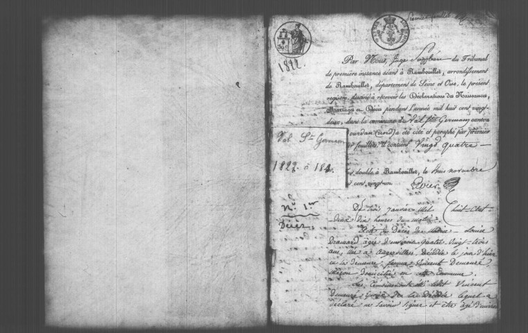 VAL-SAINT-GERMAIN (LE). Naissances, mariages, décès : registre d'état civil (1822-1830). 