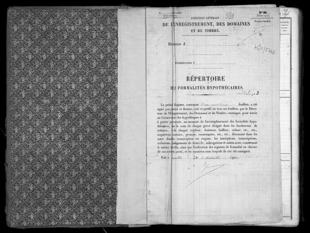 Conservation des hypothèques de CORBEIL. - Répertoire des formalités hypothécaires, volume n° 339 : A-Z (registre ouvert en 1902). 