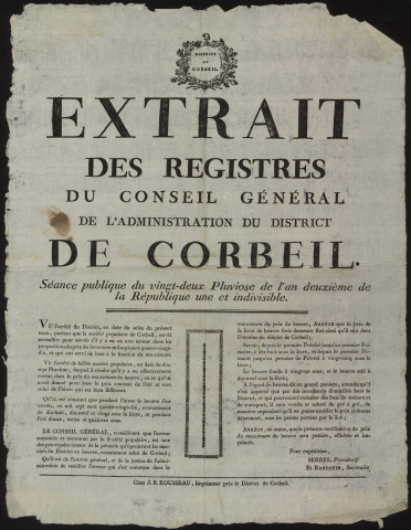 CORBEIL-ESSONNES. - Extrait des registres du Conseil général de l'Administration du district de Corbeil. Séance publique du 22 pluviose de l'an deuxième de la République, 1794-1795. 