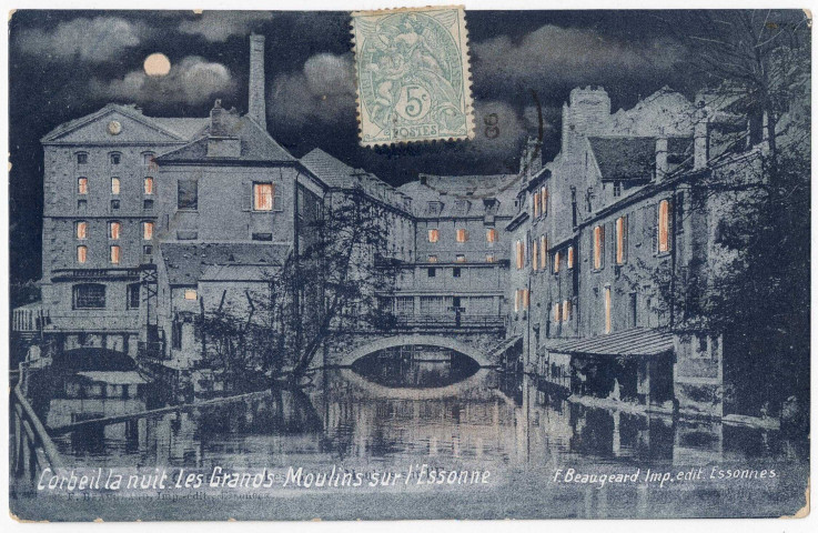 CORBEIL-ESSONNES. - Corbeil - Corbeil la nuit, les grands moulins sur l'Essonne. Editeur Beaugeard, 1906, colorisée. 