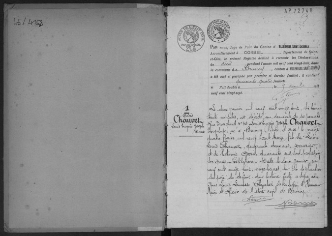 BRUNOY.- Décès : registre d'état civil (1928). 