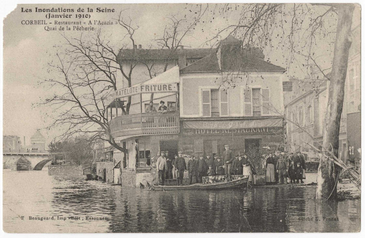 CORBEIL-ESSONNES. - Les inondations de la Seine (janvier 1910). Restaurant A l'Acacia, quai de la Pêcherie, Beaugeard. 