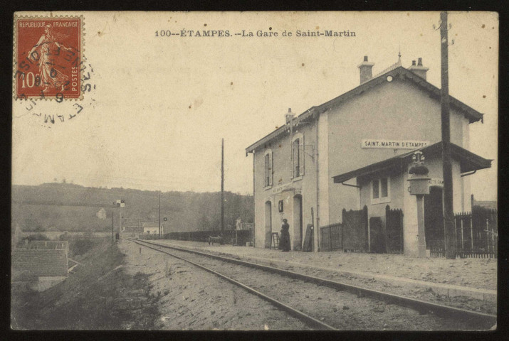 ETAMPES. - La gare de Saint-Martin. Editeur phototypie P. Royer, Etampes, 1908, 1 timbre à 10 centimes. 