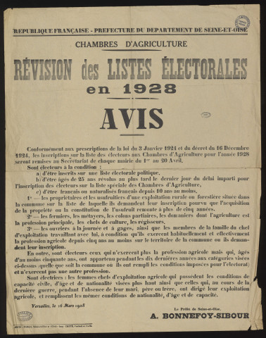Seine-et-Oise [Département]. - Avis de révision des listes électorales aux Chambres d'agriculture (16 mars 1928).