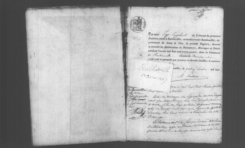 RICHARVILLE. Naissances, mariages, décès : registre d'état civil (1834-1847). 
