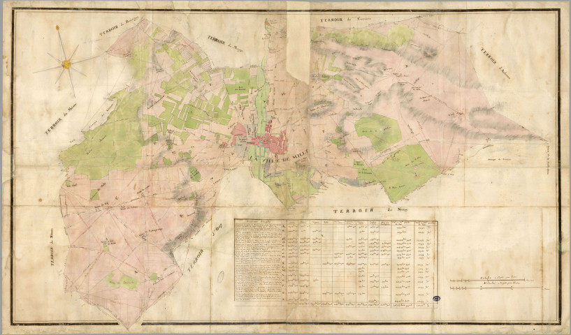 MILLY. - Plans d'intendance. Plan, Ech. 1/200 et 1/300 perches, Dim. 170 x 100 cm, [fin XVIIIe siècle]. 