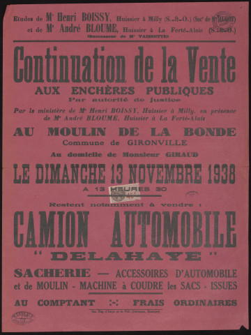 GIRONVILLE-SUR-ESSONNE. - Continuation de la vente aux enchères au Moulin de la Bonde, domicile de M. Giraud : vente d'un camion automobile Delahaye, d'accessoires d'automobile et de moulin, 13 novembre 1938. 