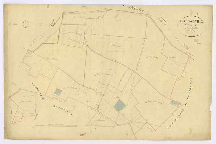 CHATIGNONVILLE. - Section A - Village (le), 2, ech. 1/2500, coul., aquarelle, papier, 68x100 (1828). 