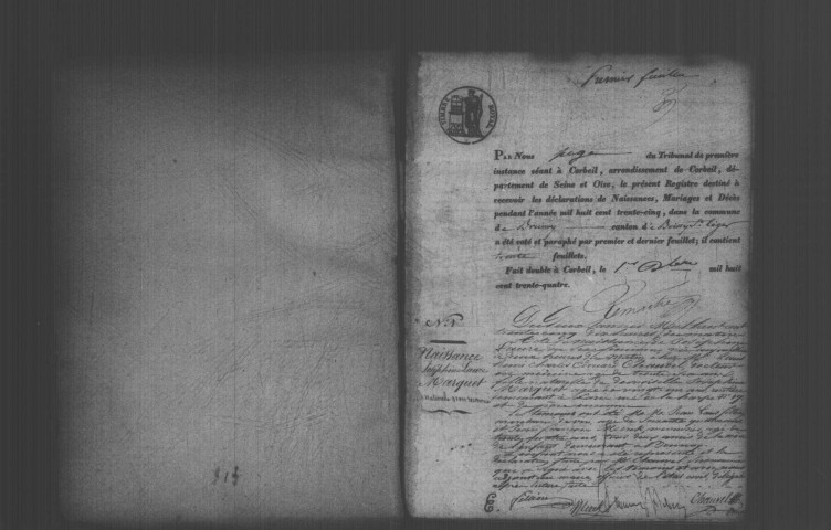 BRUNOY. Naissances, mariages, décès : registre d'état civil (1835-1843). 