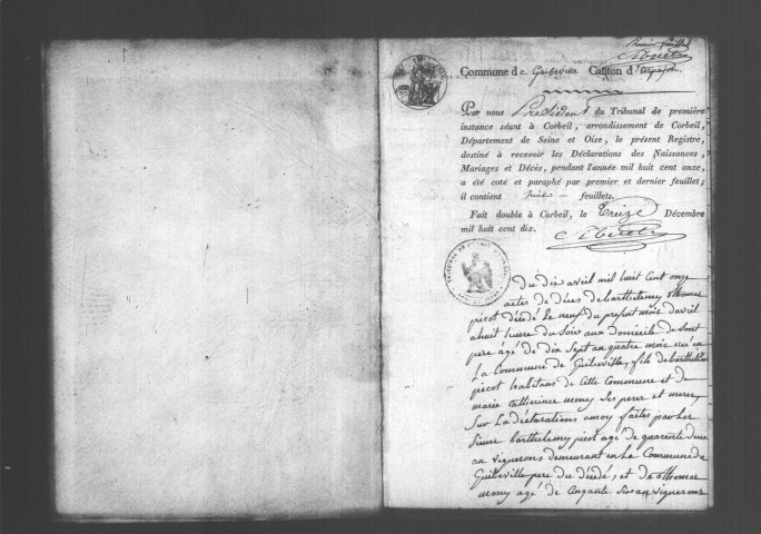 GUIBEVILLE. Naissances, mariages, décès : registre d'état civil (1811-1840). 