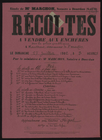 SAINT-MARTIN-DE-BRETHENCOURT (Yvelines).- Vente aux enchères de récoltes de blé et d'avoine appartenant aux héritiers BIGOT, 27 juillet 1902. 