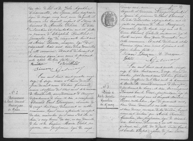 MONDEVILLE.- Naissances, mariages, décès : registre d'état civil (1891-1905). 