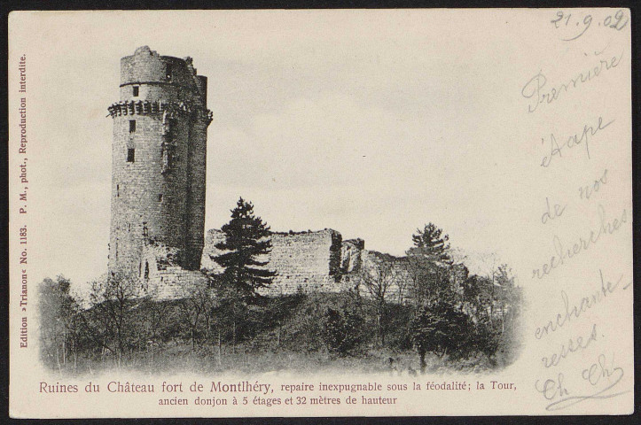 Montlhéry.- Ruines du château fort, repaire inexpugnable sous la féodalité. La tour, ancien donjon a 5 étages et 32 mètres de hauteur. 