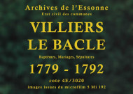 VILLIERS-LE-BACLE. Paroisse Notre-Dame : Baptêmes, mariages, sépultures : registre paroissial (1779-1792). 