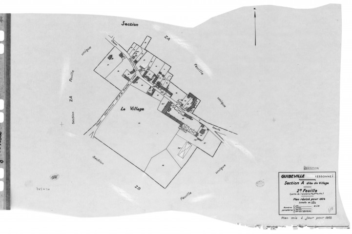 GUIBEVILLE. - Cadastre révisé pour 1934 mis à jour pour 1955 : plan du tableau d'assemblage, plan de la section A le Village 2ème feuille ; cadastre rnouvelé pour 1955 : plans de la section ZA, section ZB, [4 plans]. 