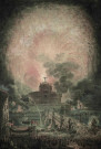 dessin : château Saint-Ange avec la Girandole en feu, vu par hauteur