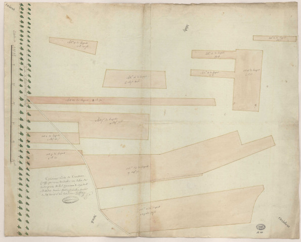 Plan du domaine de TROUSSEAU à RIS-ORANGIS, par DELORGE. Troisième feuille, [an III]. Ech. 40 perches. Coul. Dim. 0,55 x 0,70. 