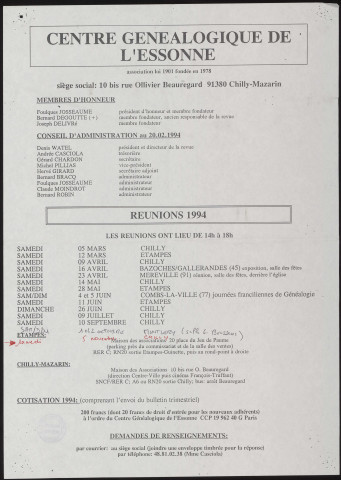 CHILLY-MAZARIN. - Liste des membres d'honneur et du conseil d'administration du Centre généalogique de l'Essonne et calendrier des réunions pour 1994 (1994). 