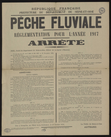 Seine-et-Oise [Département]. - Arrêté préfectoral réglementant pour l'année 1917 la pêche fluviale, 23 octobre 1916. 