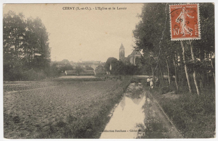 CERNY. - L'église et le lavoir, Roulleau, 1914, 25 lignes, 10 c, ad. 