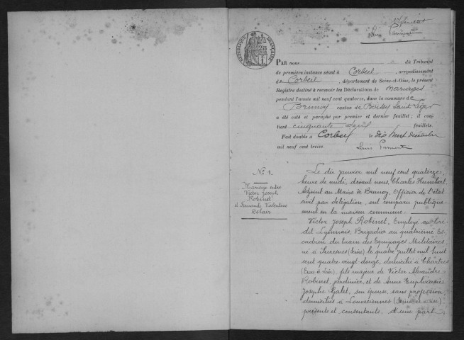 BRUNOY.- Mariages : registre d'état civil (1914). 
