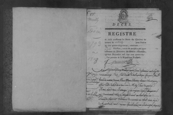MILLY-LA-FORET. Décès : registre d'état civil (1793-1808). 