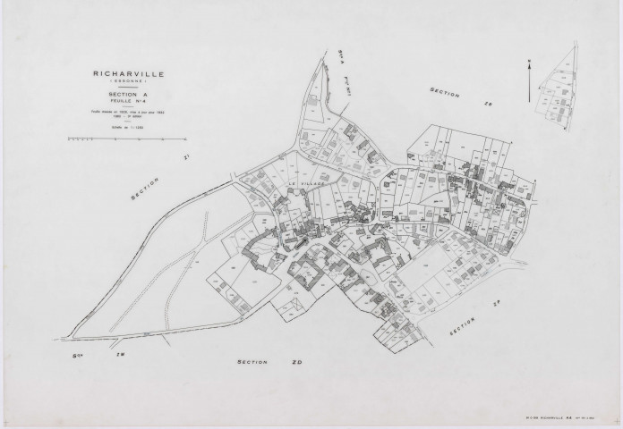 RICHARVILLE, plans minutes de conservation : tableau d'assemblage, 1932, Ech. 1/5000 ; plans des section A1, 1932, Ech. 1/2500, section A4, 1932, Ech. 1/1250, section ZD, 1961, Ech. 1/2000, sections ZI, ZK, ZL, ZM, ZN, ZO, ZP, ZR, 1994, Ech. 1/2000. Polyester. N et B. Dim. 105 x 80 cm [12 plans]. 