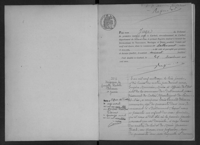 BALLANCOURT-SUR-ESSONNE.- Naissances, mariages, décès : registre d'état civil (1912). 