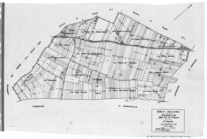 EGLY.- Cadastre révisé pour 1934 : plan du tableau d'assemblage, plans de la section A la Plaine 1ère feuille, idem 2ème feuille, section B le Village 1ère feuille, idem 2ème feuille, idem 3ème feuille, idem 4ème feuille ; cadastre révisé pour 1934 mis à jour pour 1967 : plan du tableau d'assemblage, plans de la section A 1ère feuille, idem 2ème feuille, [10 plans]. 
