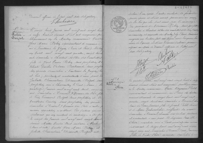 DRAVEIL.- Mariages : registre d'état civil. 