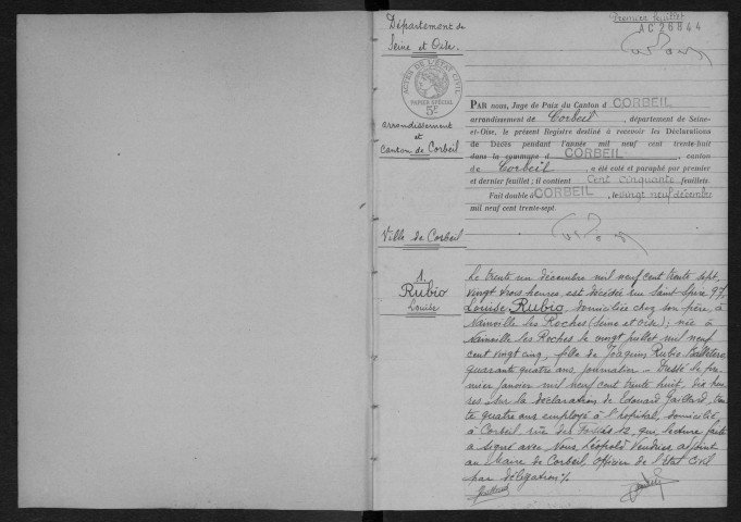 CORBEIL.- Décès : registre d'état civil. 
