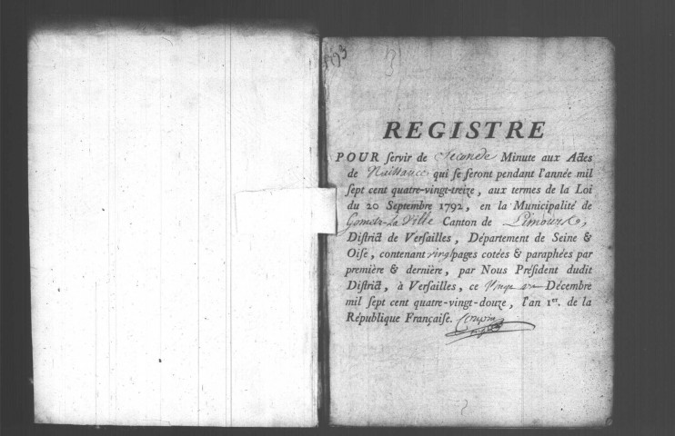 GOMETZ-LA-VILLE. Naissances, mariages, décès : registre d'état civil (1793-an VIII). [mariages (an VII et les six premiers mois de l'an VIII), voir 4E1769-1770]. 