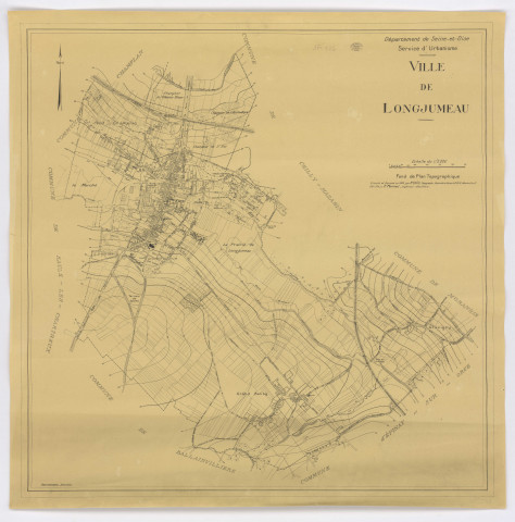 Fonds de plan topographique de LONGJUMEAU dressé et dessiné par M. COLIN, topographe, géomètre-expert, vérifié par M. PERNEL, ingénieur-géomètre, Service d'Urbanisme du département de SEINE-ET-OISE, 1943. Ech. 1/5 000. N et B. Dim. 0,79 x 0,78. 