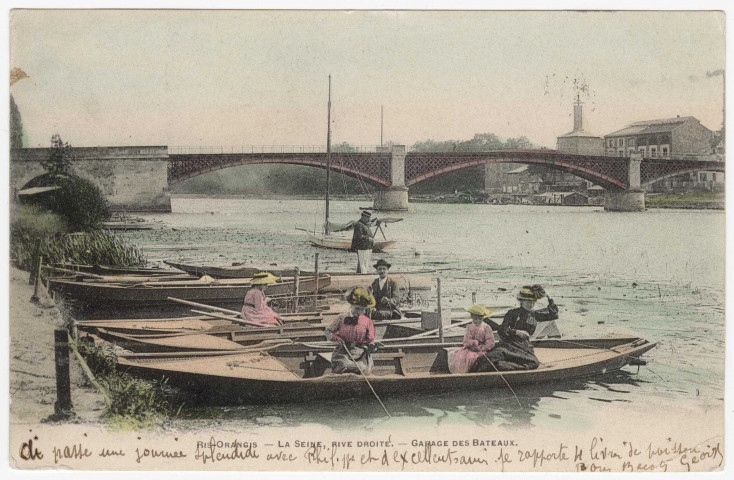 RIS-ORANGIS. - La Seine, rive droite. Garage des bateaux [Editeur Breger, 1904, timbre à 10 centimes, coloriée]. 