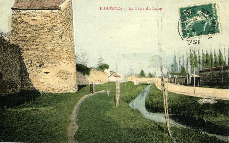 ETAMPES. - La tour du Loup à la promenade des prés [1907, timbre à 5 centimes, coloriée]. 
