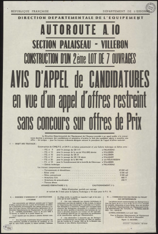 PALAISEAU, VILLEBON-SUR-YVETTE. - Autoroute A10 : Avis d'appel de candidatures en vue d'un appel d'offres restreint sans concours sur offres de prix pour la construction d'un deuxième lot de sept ouvrages, 8 avril 1969. 