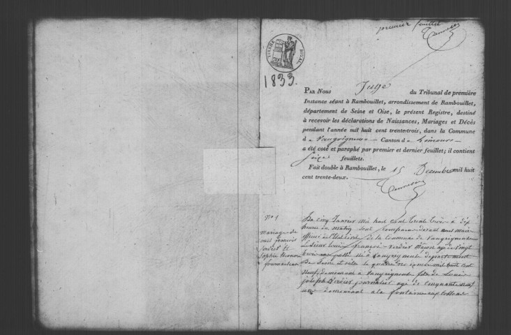 VAUGRIGNEUSE. Naissances, mariages, décès : registre d'état civil (1833-1845). 