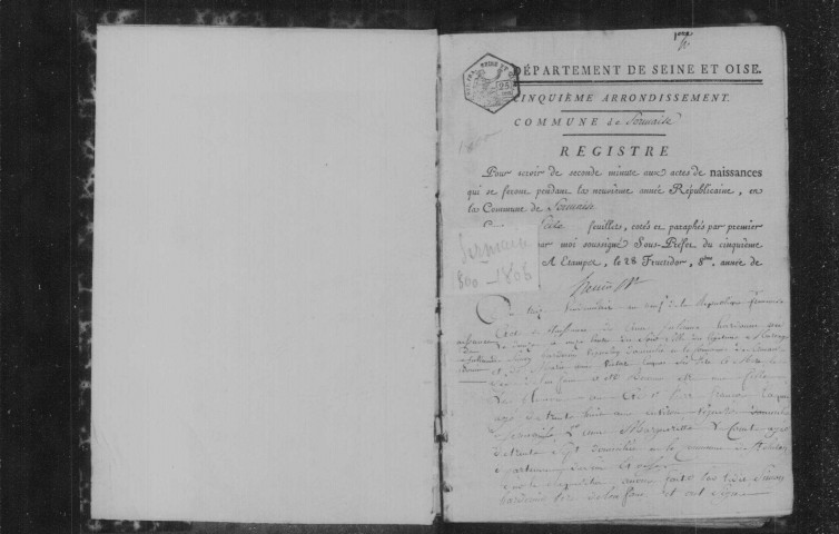 SERMAISE. Naissances, mariages, décès : registre d'état civil (an IX-1806). 